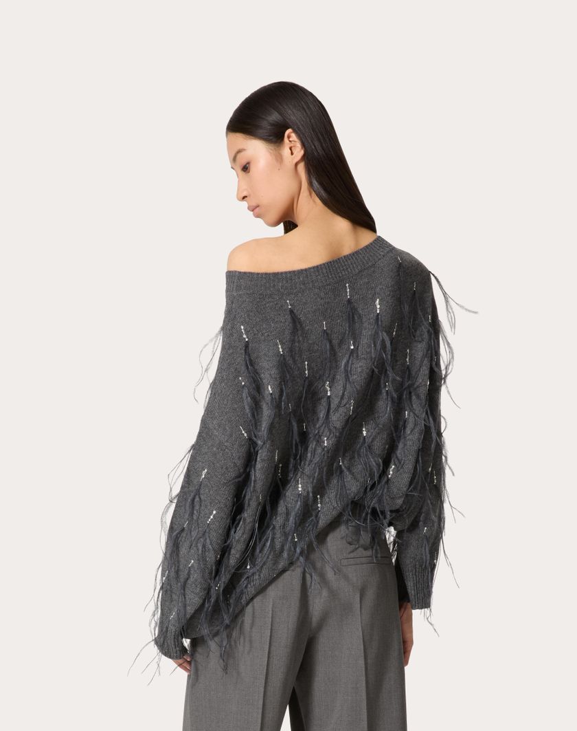 Valentino Handbags Maglia In Lana Con Piume Ricamata per Donna in Grigio Scuro | Valentino IT Offerta