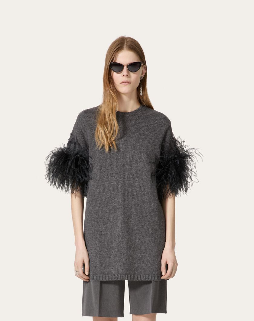 Valentino Handbags Maglia In Lana Con Piume per Donna in Grigio Scuro | Valentino IT Outlet