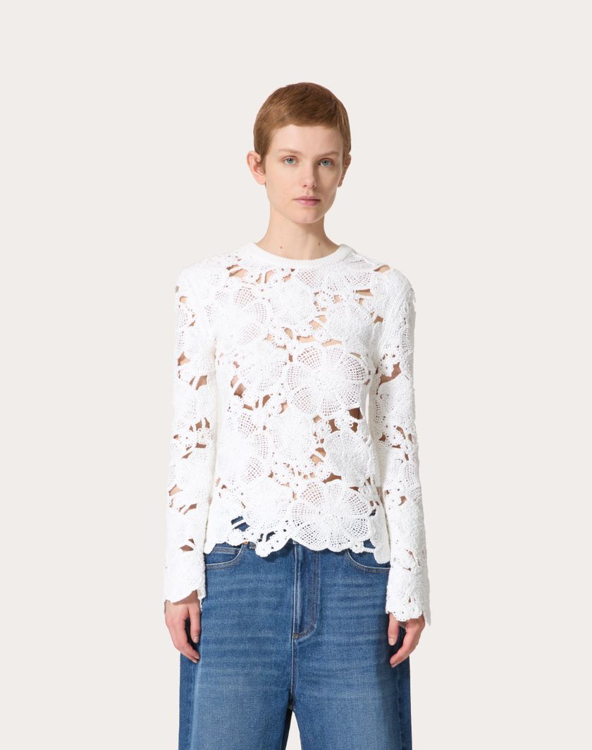 Valentino Handbags Maglia In Cotone Ricamata per Donna in Avorio | Valentino IT Saldi Di Fabbrica