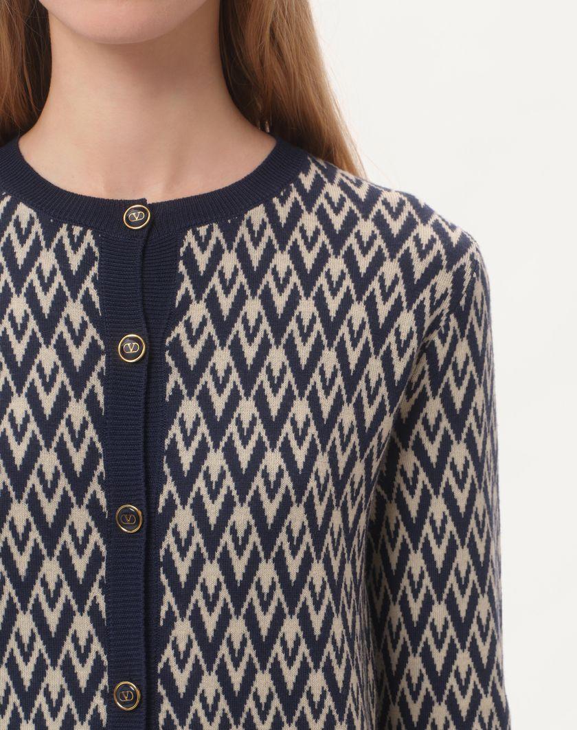 Valentino Handbags Cardigan In Lana Jacquard Toute La V per Donna in Crema/navy | Valentino IT I Più Venduti