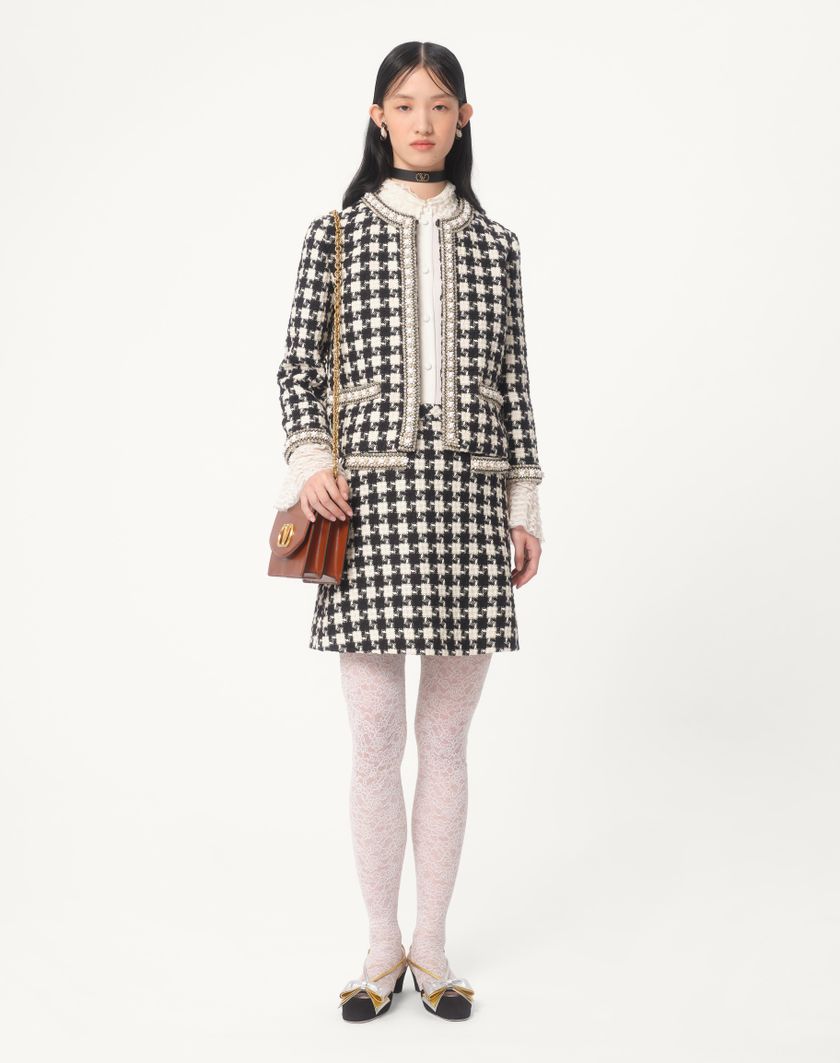 Valentino Handbags Gonna In Damier Light Tweed Ricamata per Donna in Avorio/nero | Valentino IT Vendite stagionali