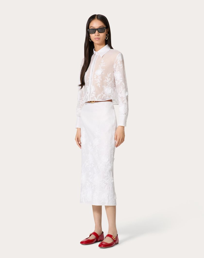Valentino Handbags Gonna Midi In Camellia Organdis per Donna in Avorio | Valentino IT Vendita calda