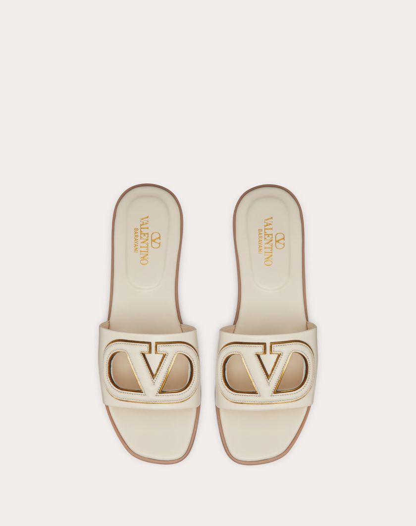 Valentino Handbags Sandalo Slide Vlogo Cut-out In Vitello per Donna in Azzurro/antique Brass | Valentino IT Acquista Ora