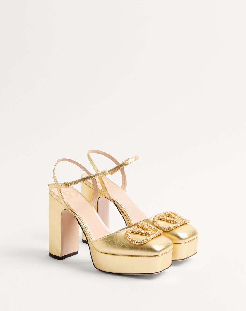 Valentino Handbags Décolleté Con Plateau Vlogo Signature In Nappa Laminata 115mm per Donna in Antique Brass/crystal | Valentino IT Offerta migliore