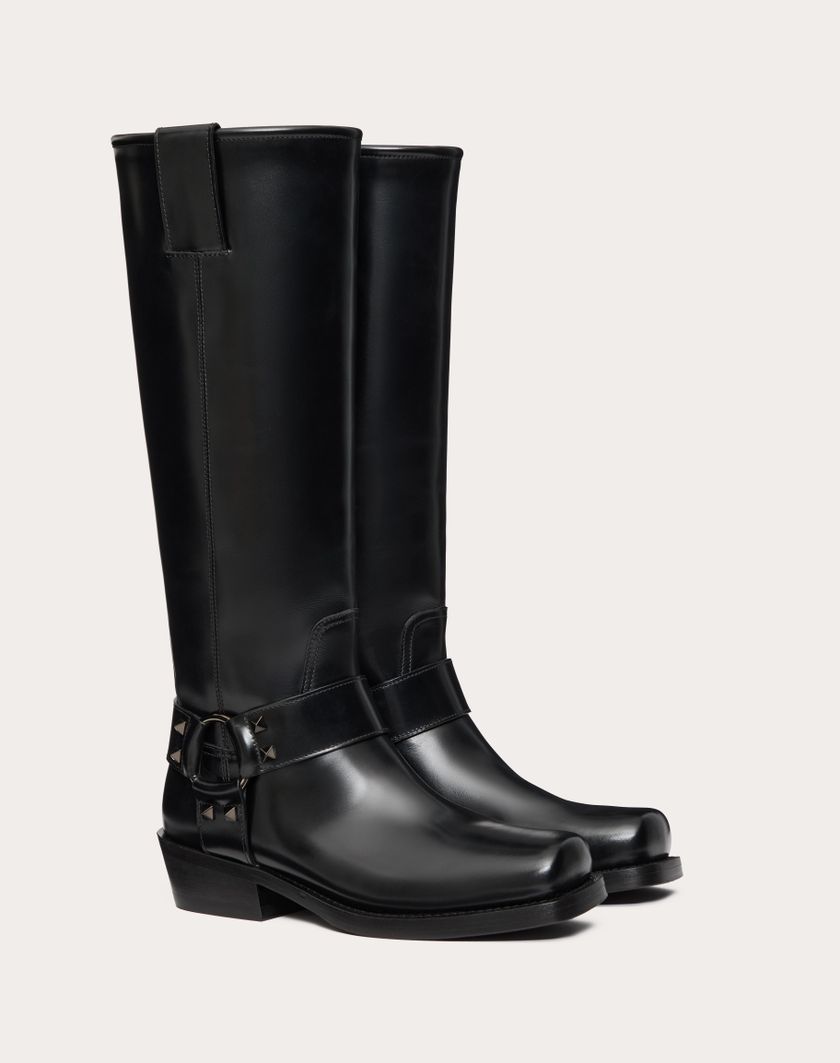 Valentino Handbags Stivale Biker Rockstud In Vitello 40mm per Donna in Nero | Valentino IT Italy