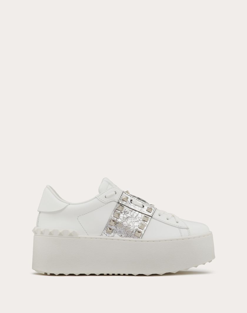 Valentino Handbags Sneaker Flatform Rockstud Untitled In Vitello Con Banda Metallizzata effetto Craquelé per Donna in Bianco/silver | Valentino IT Grande vendita