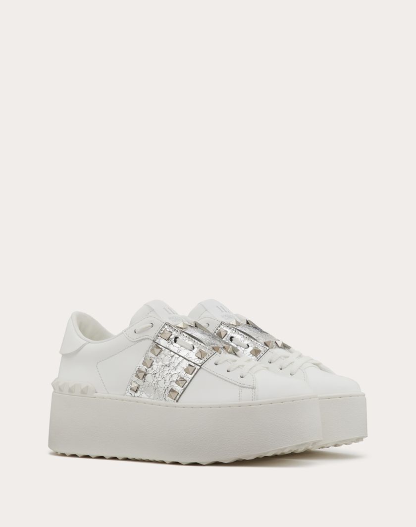 Valentino Handbags Sneaker Flatform Rockstud Untitled In Vitello Con Banda Metallizzata effetto Craquelé per Donna in Bianco/silver | Valentino IT Grande vendita