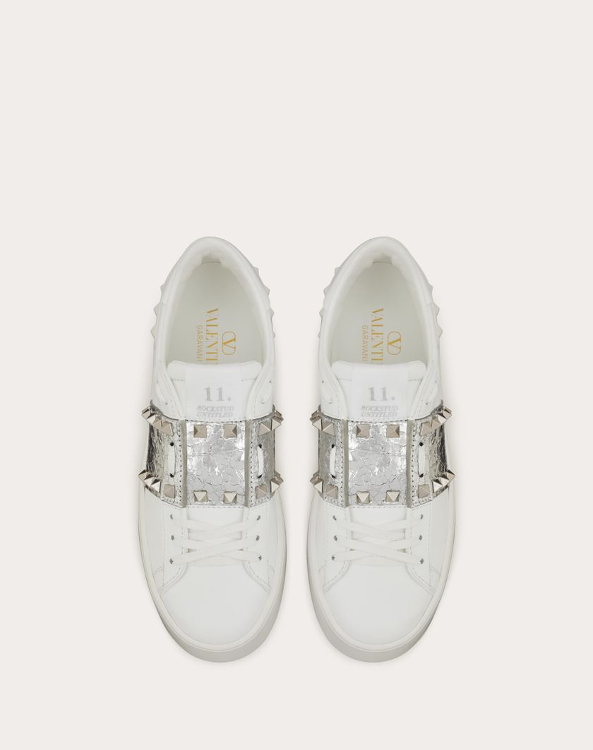 Valentino Handbags Sneaker Flatform Rockstud Untitled In Vitello Con Banda Metallizzata effetto Craquelé per Donna in Bianco/silver | Valentino IT Grande vendita