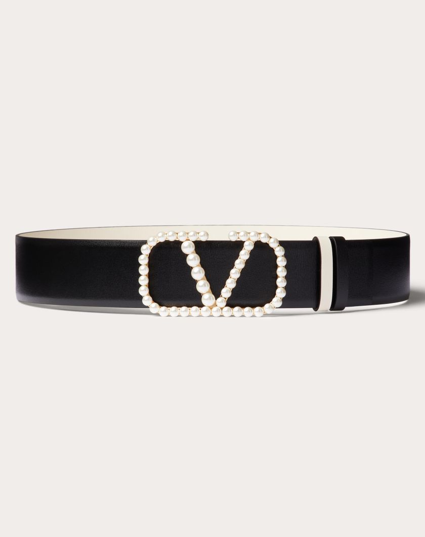 Valentino Handbags Cintura Reversibile Vlogo Signature In Vitello Lucido Con Perle 40 Mm per Donna in Nero/light Ivory | Valentino IT Sconto