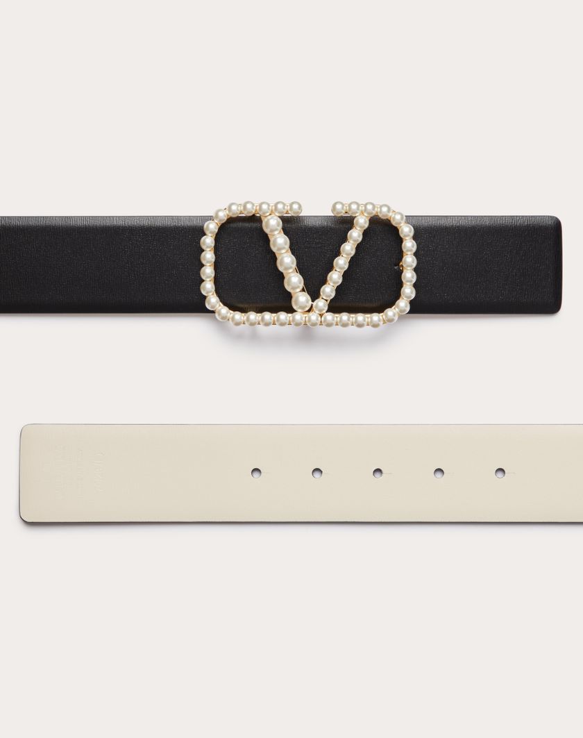 Valentino Handbags Cintura Reversibile Vlogo Signature In Vitello Lucido Con Perle 40 Mm per Donna in Nero/light Ivory | Valentino IT Sconto
