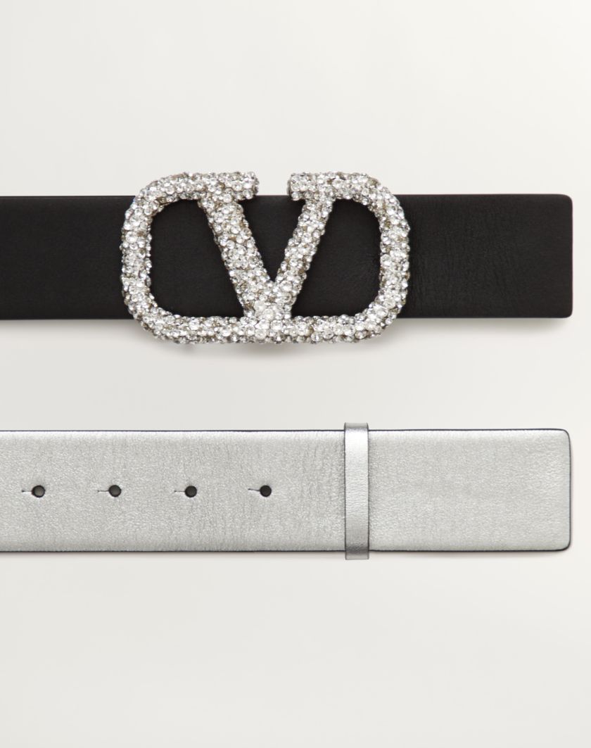 Valentino Handbags Cintura Reversibile Vlogo Signature In Vitello Metallizzato 40 Mm per Donna in Silver/nero/crystal | Valentino IT Economico