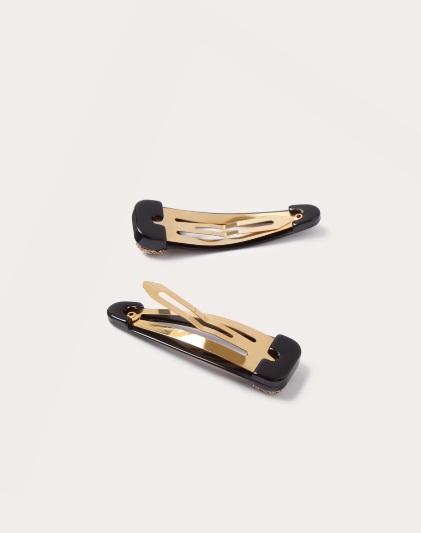 Valentino Handbags Fermagli Per Capelli Vlogo Signature In Metallo Resina E Cristalli Swarovski® per Donna in Nero/oro/crystal | Valentino IT Vendite stagionali