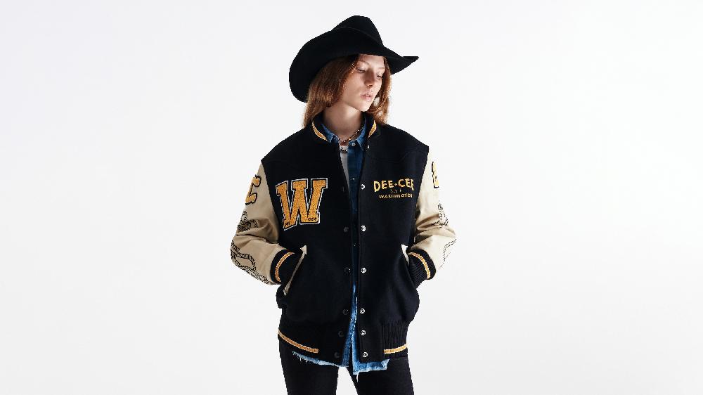 Washington Dee Cee Black Wool Blend Varsity Bomber Jacket Economico