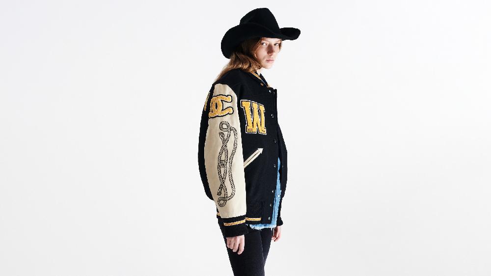 Washington Dee Cee Black Wool Blend Varsity Bomber Jacket Economico