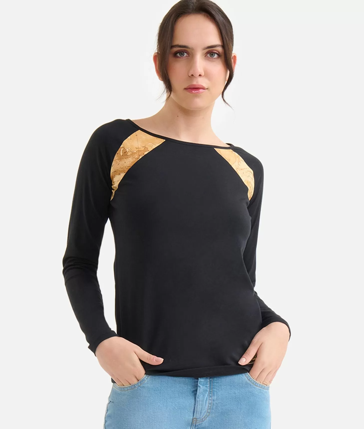 Alviero martini 1a classe T-shirt a maniche lunghe in jersey di cotone stretch con spicchi Geo Classic Nera Economico