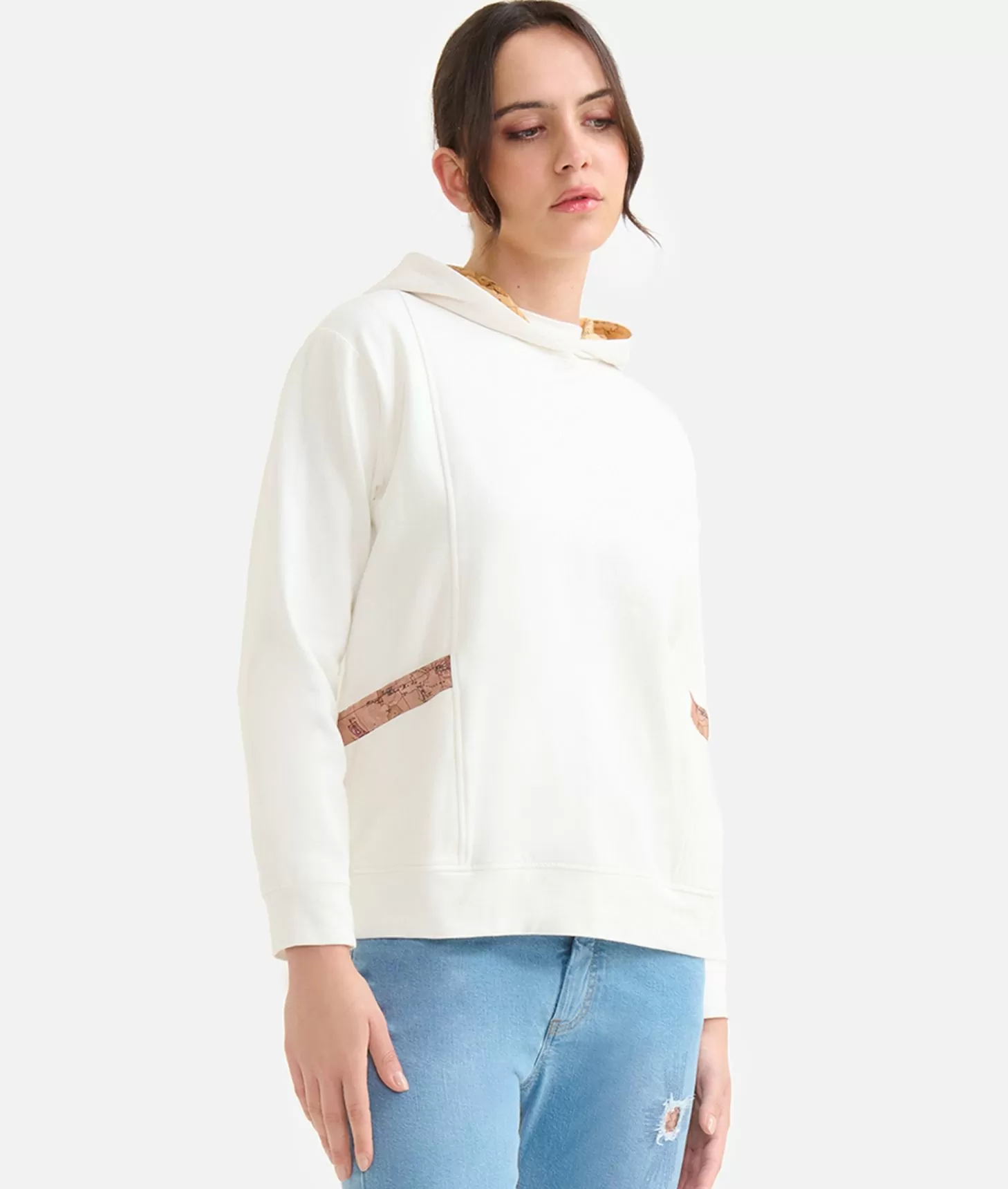 Alviero martini 1a classe Felpa in cotone garzato stretch con cappuccio Geo Classic Avorio Outlet