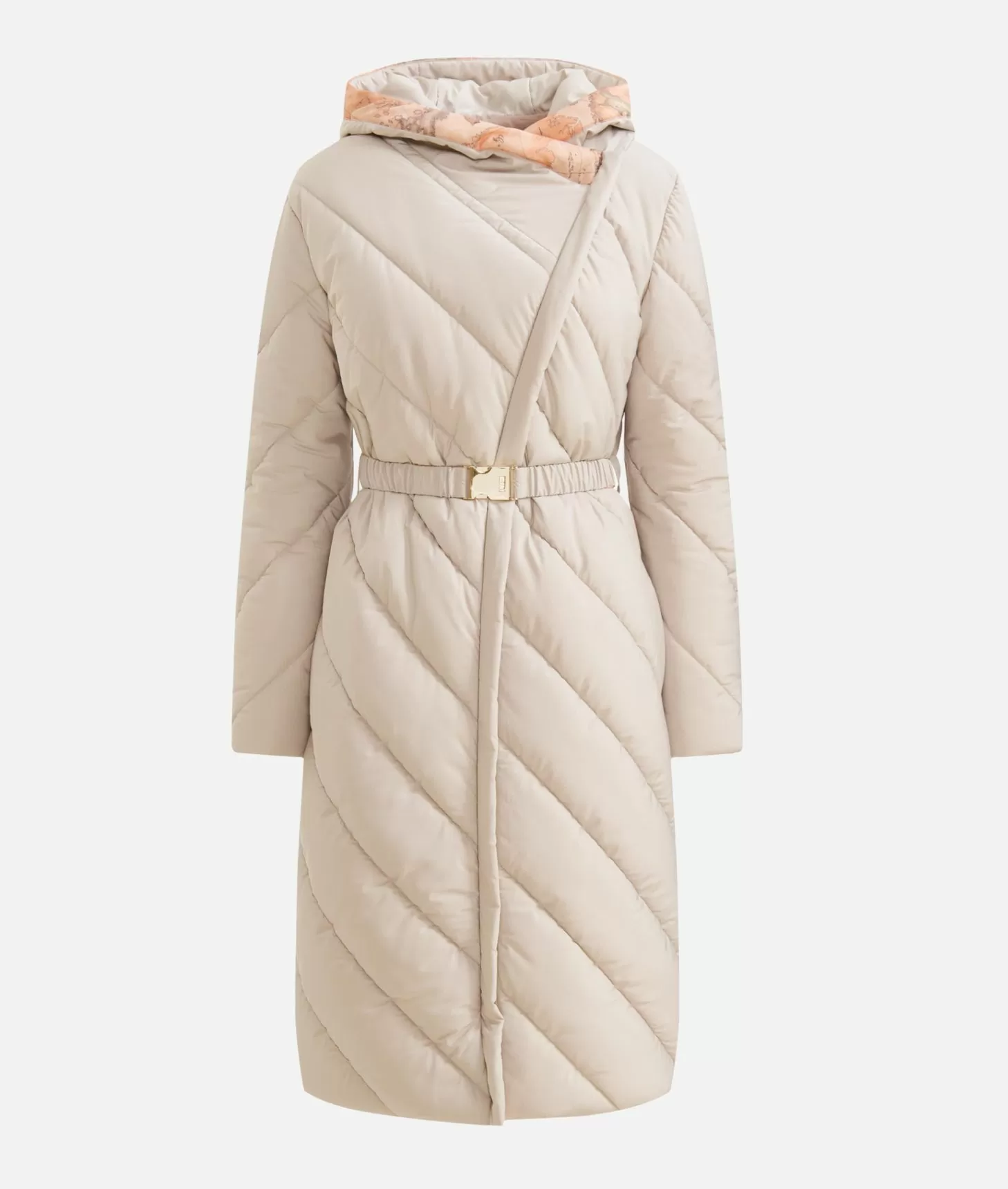 Alviero martini 1a classe Imbottito lungo in nylon con cappuccio Greige Saldi Di Fabbrica