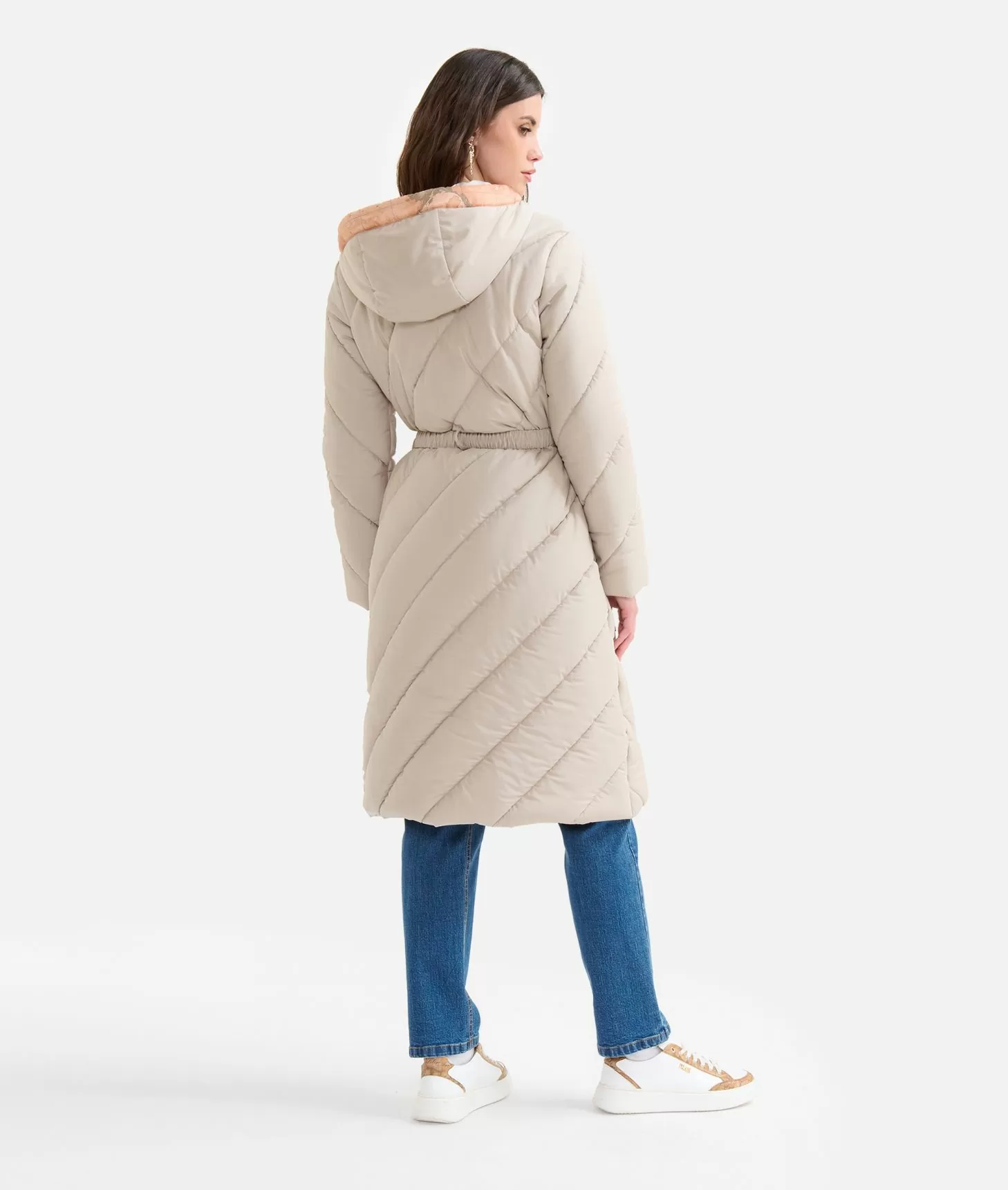 Alviero martini 1a classe Imbottito lungo in nylon con cappuccio Greige Saldi Di Fabbrica