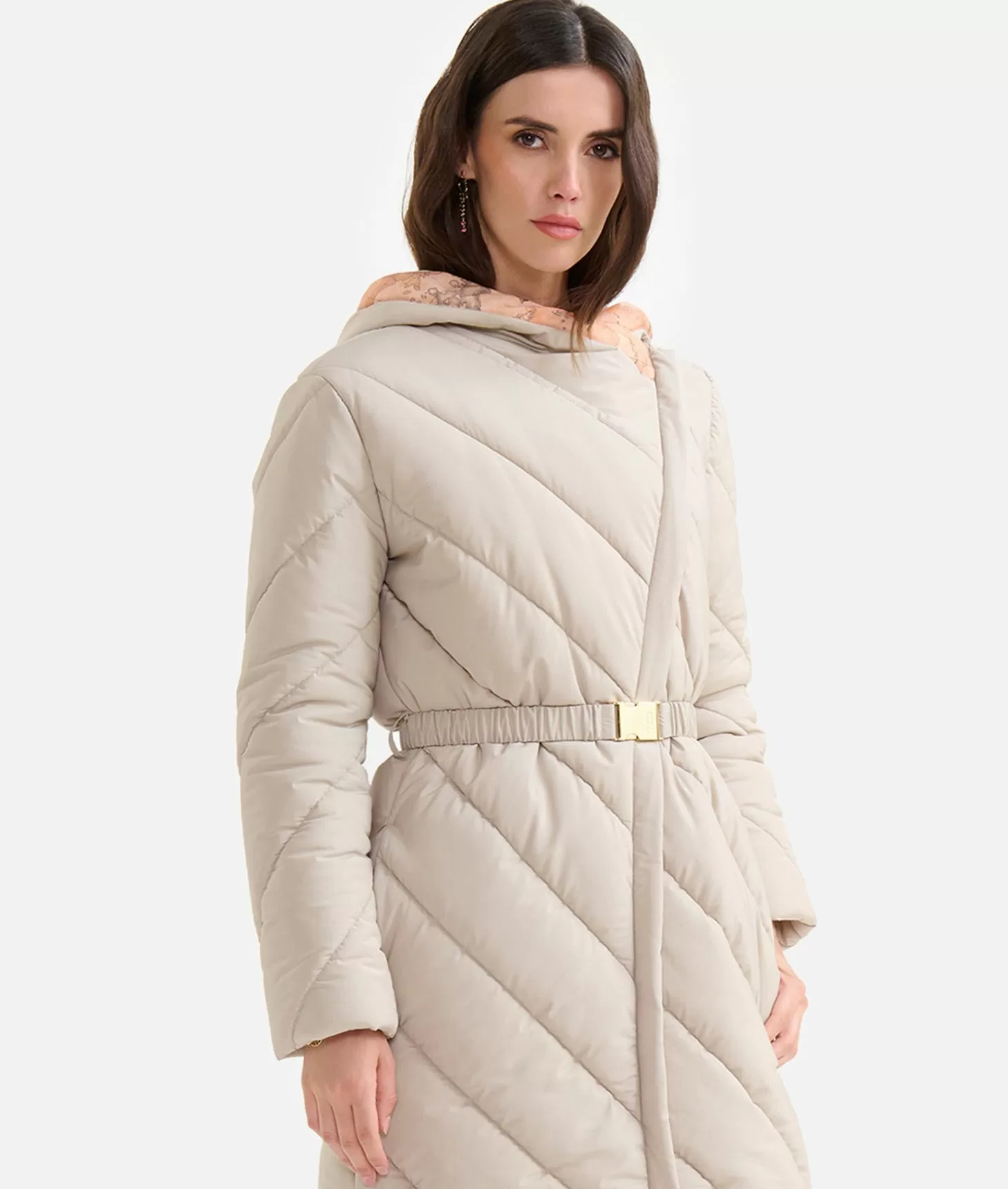 Alviero martini 1a classe Imbottito lungo in nylon con cappuccio Greige Saldi Di Fabbrica
