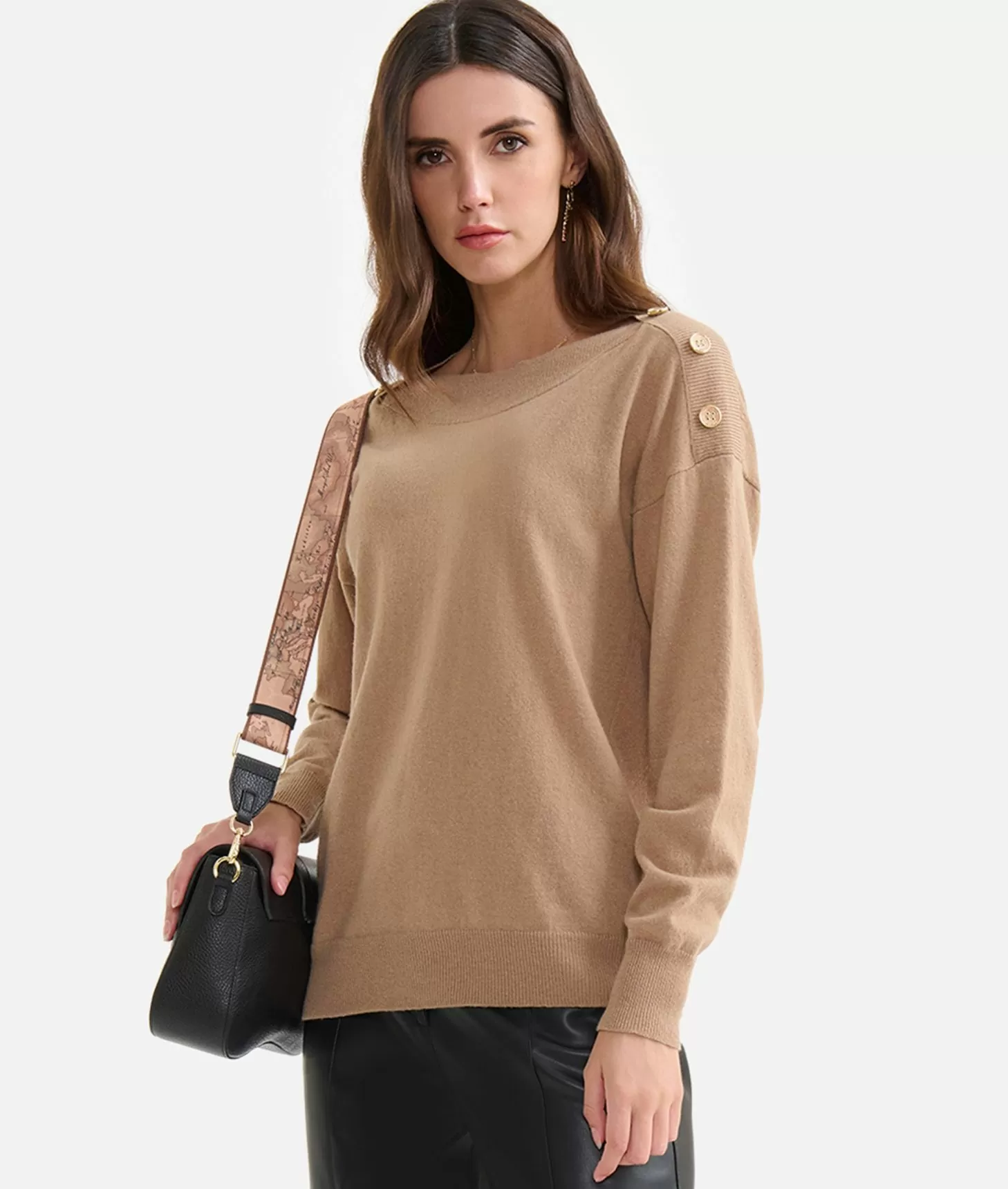 Alviero martini 1a classe Maglia in filato misto cashmere con bottoni Geo Classic Cammello Esporta salva