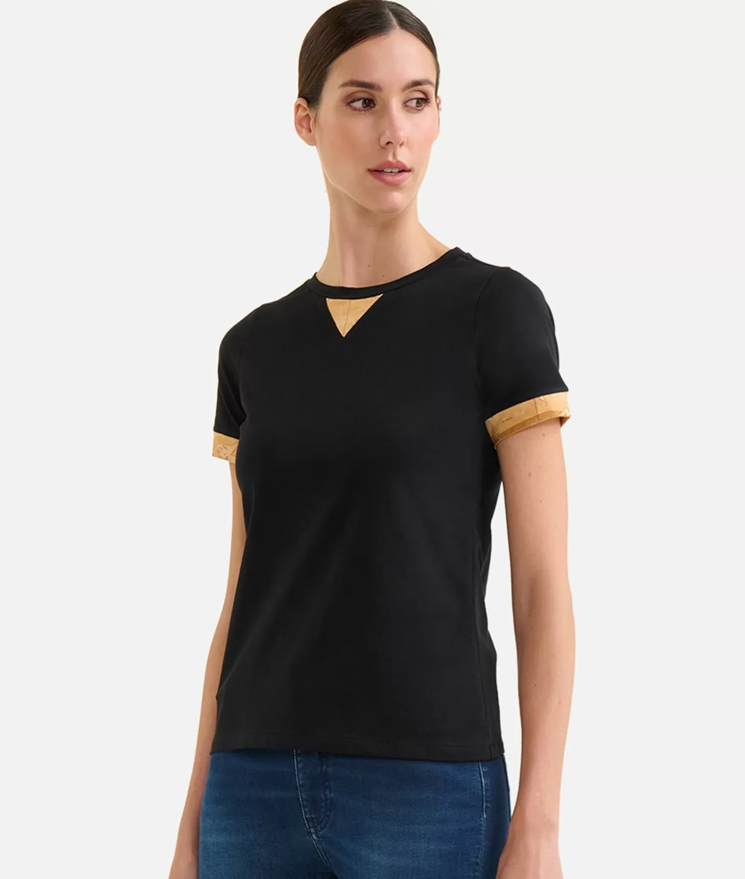 Alviero martini 1a classe T-shirt in jersey di cotone stretch con dettaglio Geo Classic Nera In Linea