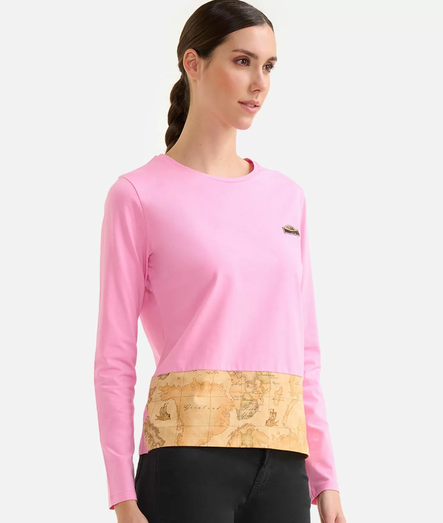 Alviero martini 1a classe T-shirt a maniche lunghe in jersey di cotone stretch con fondo Geo Classic Rosa Confetto Vendita