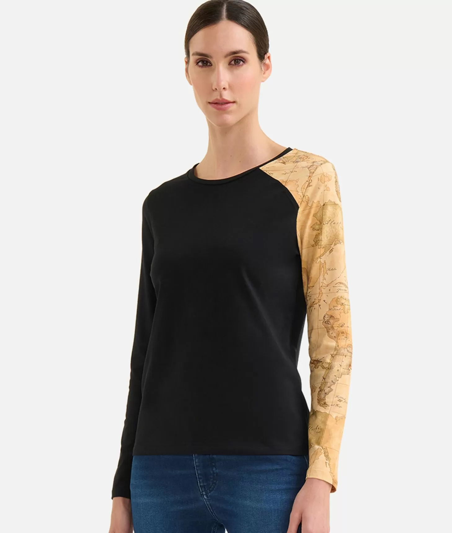 Alviero martini 1a classe T-shirt in jersey di cotone stretch con manica Geo Classic Nera Spedizione Gratuita