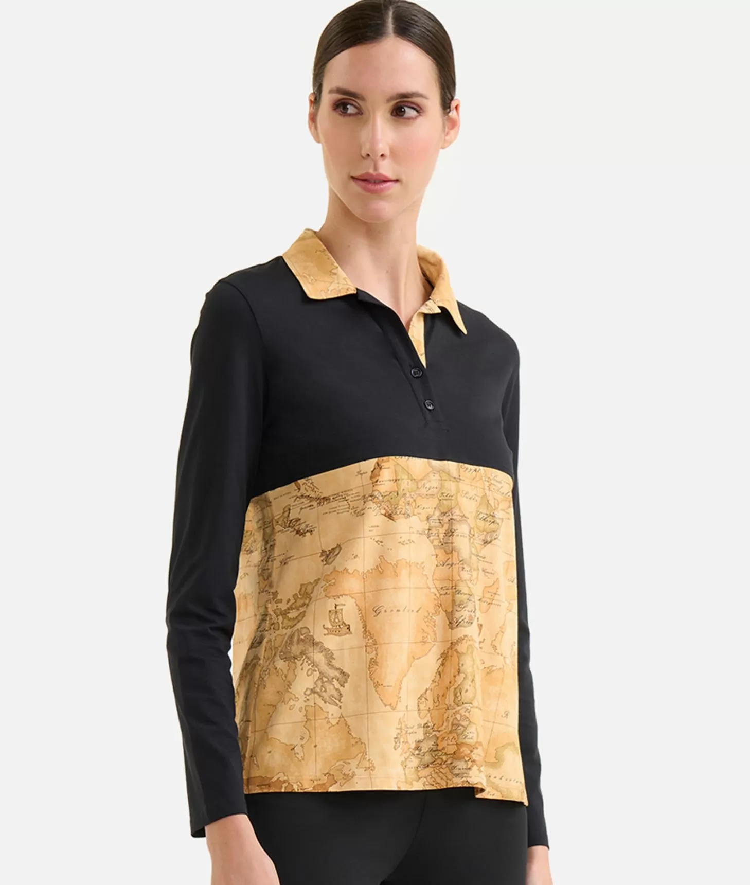 Alviero martini 1a classe Polo bimaterica a maniche lunghe in jersey di cotone stretch Nera Pezzi Unici